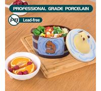 Noodle Bowl - Cartoon Capybara Ceramic Dish, Microwave Safe Soup Pot | Japanese Style Cereal Tableware Dining Cup Handle Holder with Lid for Salad Breakfast Kitchen Mixing Food Serving