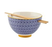 Noodle Bowl Ceramic 16.5cm Blue Rice Pasta Serving Bowl with Wooden Chopsticks