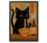 Noodle Cat Thief, Japanese Wall Art, Cat Poster (A3 Black)