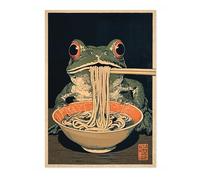 Noodle Frog With Chopsticks Anime Woodblock Poster Print, Cartoon Manga Edo Aesthetic Wall Art, Japanese Exhibition Wall Art Bedroom Home Decor, A4 (Print Only) - 29.7x21cm
