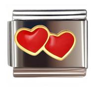 NOOFNO Italian Bracelet Charm,9mm,Golden Framed Double Red Hearts,Sentiments & Affections > Heart