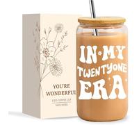 NOOMII 21st Birthday Gifts for Girls - Cute 16Oz Glass Cups with Lids and Straws, Aesthetic Tumblers for Teens, Friend Bestie-21st Birthday Gift for Her
