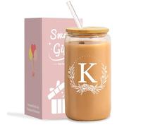 NOOMII A-Z Initial Personalised Gifts for Women- Birthday Gifts for Women 16oz Iced Coffee Glass Cups with Bamboo Lids and Straws- Ideal Iced Coffee Gift Set for Friend Mum Wife Colleagues (K)