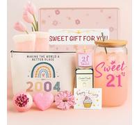 NOOMII Gifts for 21 Year Old Women - Perfect 21st Birthday Gifts for Her - Elegant Gift Set with Coke Cup, Makeup Bag, Greeting Card, Candle, Bath Salt Ball, Bath Soap, and Hair Band