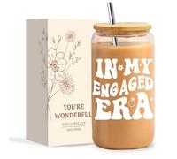 NOOMII Gifts for Women- Birthday Gifts for Women 16oz Iced Coffee Glass Cups with Bamboo Lids and Straws- Ideal Iced Coffee Gift Set for Friend Mum Wife Colleagues (Engaged)