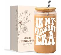 NOOMII Pregnancy Gifts for Women - 16oz in My Pregnant Era Iced Coffee Glass Cup with Bamboo Lid & Straw - Unique Present for Expecting Mums, Bestie, Sister, Pregnant Wife