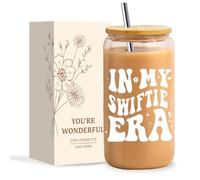 NOOMII Singer Era Style Iced Coffee Tumbler, White 16oz Can Shaped Glass Cup with Bamboo Lid and Reusable Straw, Decorative Soda Glassware for Music Lovers and Fans