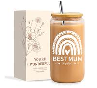 NOOMII Unique Gifts for Mum - 16 Oz Iced Coffee Cup, Glass Cups with Lids and Straws - Mother‘s Day Mum Birthday Gifts for Wife, Mother, Mummy, Mom