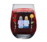 NOONATIVE Custom It Takes a Long Time to Grow an Old Friend Wine Glass,Personalized Wine Glass with Birth Month Flower Name Portrait,Friendship Gift for Sisters Bestie Best Friends