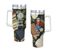 NOONATIVE Just A Girl Who Loves Books Cup,Personalized Stainless Steel Tumbler with Handle and Straw,Custom 40oz Insulated Tumbler with Name Portrait,Gifts for Book Lovers Readers Bookworms Librarian