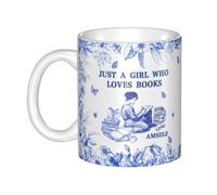 NOONATIVE Just A Girl Who Loves Books Mug,Personalized Ceramic Coffee Mug with Name Portrait,Custom Chinoiserie Toile De Jouy Cup,Book Lover Gifts