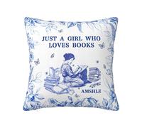 NOONATIVE Just A Girl Who Loves Books Pillow Cover,Personalized Custom Square Cushion Pillow Pillowcase with Name Portrait,Chinoiserie Toile De Jouy Sofa Home Decorations,Book Lover Gifts