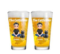 NOONATIVE The Catfather Personalized Beer Glass,Custom Engraved Drinking Glass Cup with Man and Cat Cartoon Design,Birthday Fathers Day Gift for CatDad,CatOwner,Catlover