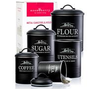 noonberry Kitchen Canisters for Countertop - 5-Piece Airtight Canister Sets for the Kitchen Counter with Utensil Holder - Flour Sugar Coffee Tea Containers - Matte Black Finish