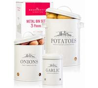 noonberry Potato and Onion Storage Bin Set - 3-Piece Ventilated Potato Storage Bin, Onion Storage Container and Garlic Container - Cream-White Magnolia Finish