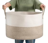 noonkty XXL Blanket Basket, Blanket Storage for Living Room, 21.7" X 21.7" X 13.8" Toy Storage Basket with Handles, Large Cotton Rope Basket, Laundry Basket for Blankets, Clothes, Pillows (Brown)