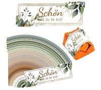 NOPKESV 60 Stickers Schön, dass du da bist Wedding Favours Stickers Eucalyptus Chocolate Stickers for Birthday, Christening, Communion, Kissing Chocolates (Rectangular, 5 x 1.8 cm)