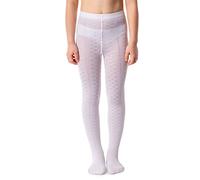 NOQ Girls Tights with 3D Effect Pattern Plain Dance Gymnastic School Pantyhose Fancy Outfit Little Princess, Lilly Bianco 6-7 years (116-122 cm)
