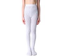 NOQ Girls Tights with 3D Effect Pattern Plain Dance Gymnastic School Pantyhose Fancy Outfit Little Princess, Geo Bianco 12-13 years (152-158 cm)