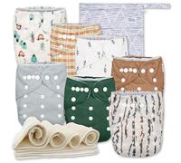 Nora's Nursery Cloth Diapers 7 Pack with 7 Inserts & 1 Wet Bag - Waterproof Cover, Washable, Reusable & One Size Adjustable Pocket Diapers for Newborns and Toddlers - Woodlands