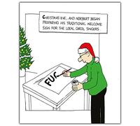 Norbert & Val, Funny Christmas Card for Friends, Christmas Eve and Norbert Began Preparing his Traditional Welcome!, Silly Xmas Card, Black, White & Green, 18.4 x 15.4 cms