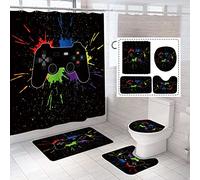 NORBEY 4 Pcs Game Shower Curtain Set, Classic Videogames Controller Bath Curtain with Anti-Slip Mat Toilet Cover Carpet Set and 12 Hooks, Black Splash Ink Colorful Bathroom Decor Set 72 x 72 Inch