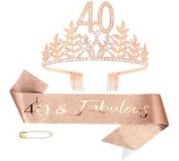 Norbiariz 40th Birthday Crown and Sash Set for Women, Rose Gold 40th Birthday Party Decorations Gifts Crystal Birthday Queen Tiara
