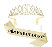 Norbiariz 60th Birthday Crown and Sash Set for Women, Gold 60th Birthday Party Decorations Gifts Crystal Birthday Tiara