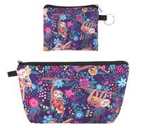 Norbiariz Cute Sloth & Tropical Floral Print Makeup Bag Set, 2-Piece Portable Travel Toiletry Bag with Keychain Coin Purse for Beauty Essentials & Toiletries