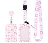 Norbiariz Pink Bow & Heart Print ID Card Holders Set with Lanyard & Retractable Badge Reel, Vertical & Horizontal Lanyard with Card Holder for Work & School