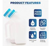 Nordara 2 x Male Urinal Bottle 1000ml Pee Bottle for Men Spill-Proof Portable in White Nordara White
