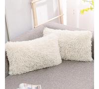NordECO HOME Fluffy Cushion Covers Faux Fur Throw Pillow Cover Soft Square Decorative Pillow Covers Cuddly Throw Pillowcases for Sofa Bedroom Livingroom, 30 x 50 cm, 12 x 20 inch, Set of 2, Beige