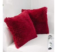 NordECO HOME Fluffy Cushion Covers Faux Fur Throw Pillow Cover Soft Square Decorative Pillow Covers Cuddly Throw Pillowcases for Sofa Bedroom Livingroom, 50 x 50 cm, 20 x 20 inch, Set of 2, Wine