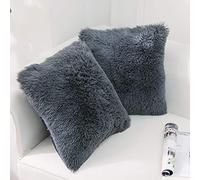 NordECO HOME Pack of 2 Faux Fur Cushion Covers 50 x 50 cm Luxury Fluffy Decorative Fuzzy Square Throw Pillow Case 20 x 20 for Sofa Decor Dark Grey