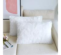 NordECO HOME Pack of 2 Faux Fur White Cushion Covers 30x50 cm Luxury Fluffy Decorative Fuzzy Rectangle Throw Pillow Case for Sofa Decor
