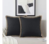 NordECO HOME Pack of 2 Linen Black Cushion Covers 45x45 cm Decorative Farmhouse Burlap Trimmed Edges 18x18 for Sofa Decor