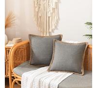 NordECO HOME Pack of 2 Linen Grey Cushion Covers 50x50 cm Decorative Farmhouse Burlap Trimmed Edges 20x20 for Sofa Decor