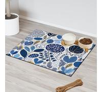 Nordic Blue Gold Leaves Absorbent Dog Food Mat with Non-Slip Backing, 17 x 30 inch Feeding Mat for Puppy Cat Bowls, Spill-Proof Pet Diner Placemat for Kitchen Floors