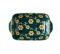 Nordic Ceramic Baking Dish For Oven, Rectangular Lasagne Dish With Handle, For Casserole Tapas Pies-Green-Flower