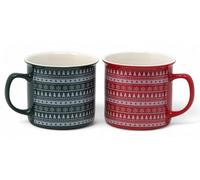 Nordic Christmas Knit Design Tree & Snowflake Red Green Ceramic Mugs - Set of 2