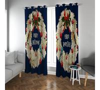 Nordic Christmas Theme Blackout Curtains White Flower Wreath Ruby Magpie Pattern Darkening Dreapes Thermal Insulated Window Treatments 2 Panels (each W38xL48in)