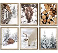 Nordic Christmas Wall Art Prints - Rustic Winter Posters with Reindeer, Highland Cow, Snowy Cabin & Forest Scene, Scandinavian Holiday Decor for Living Room, Bedroom or Cottage( 8x10 Unframed)