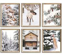 Nordic Christmas Wall Art Prints - Scandinavian Rustic Posters with Reindeer, Snowy Cabin, Pine Trees & Sleigh, Cozy Farmhouse Winter Decor for Living Room, Bedroom, or Cottage( 8x10 Unframed)
