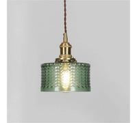 Nordic Cylindrical Glass Pendant Lamp, Retro Copper Holder Hanging Lights Adjustable Height Hanging Light for Dining Room Bedroom(Green,17.5cm/6.88in)