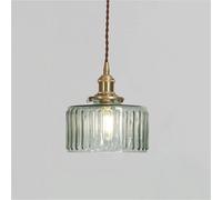 Nordic Cylindrical Glass Pendant Lamp, Retro Copper Holder Hanging Lights Adjustable Height Hanging Light for Dining Room Bedroom(Green,15cm/5.9in)