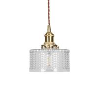 Nordic Cylindrical Glass Pendant Lamp, Retro Copper Holder Hanging Lights Adjustable Height Hanging Light for Dining Room Bedroom(Transparent,17.5cm/6.88in)