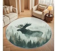 Nordic Elk Pine jungle Pattern Round Rugs 120cm, Non Slip Area Rugs for Bedroom & Living Room - Soft Machine Washable Light Green Circle Carpet, Non Shedding Floor Mats for Home Room Decorative