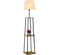 Nordic Floor Lamp with 2-Tier Wooden Shelf - Modern Standing Lamp for Living Room, Fabric Shade, Tall Reading Light, Stylish Home Décor, Contemporary Sl esign