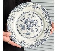 Nordic Flower Pattern Disc, 7.87in Round Ceramic Plate, Dinner Plate Dinner Set, Retro Dessert Plate for Home Party(Blue)