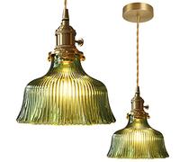 Nordic Glass Pendant Light Modern Bedside Chandelier Flowers Shape Adjustable Copper Hanging Lights Home Decor for Bedroom Dining Room Kitchen Island (green A)